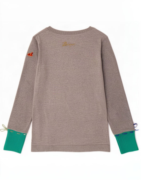 Desigual Donna Graphic Top Manica Lunga UK 14 Grande Cotone Floreale Grigio