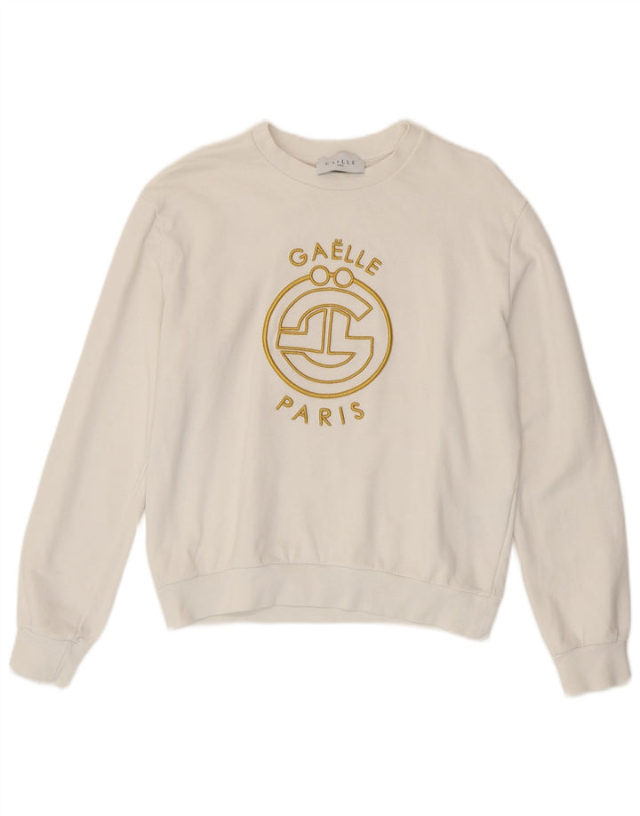 Felpa oversize con grafica da donna Gaelle, maglione UK 10, piccola, cotone bianco