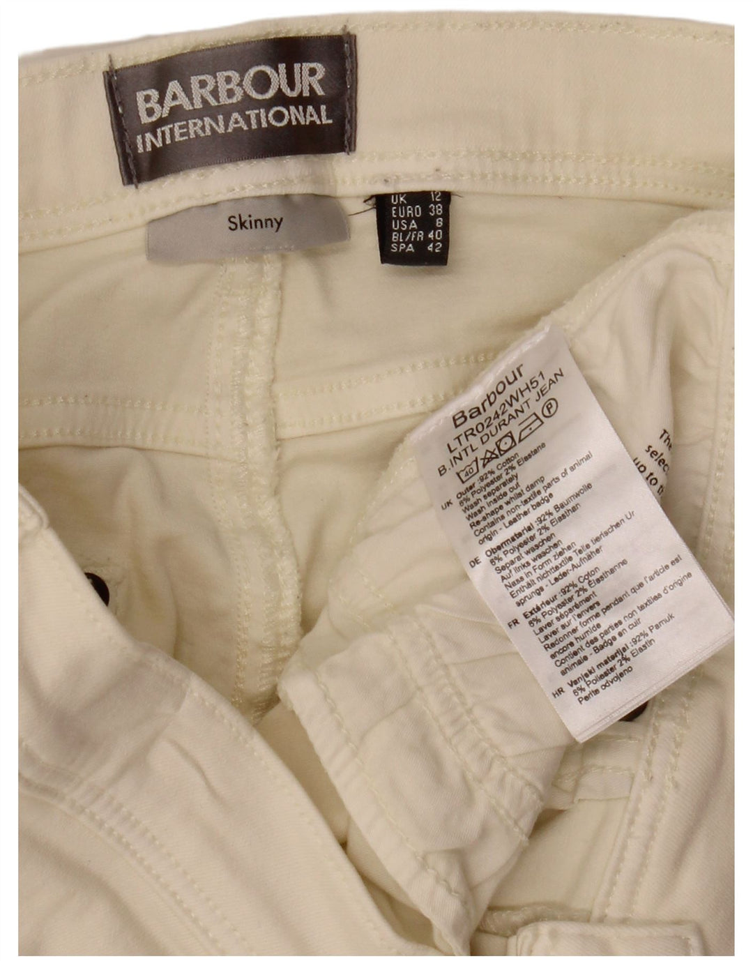 Jeans skinny da donna Barbour UK 12 medio W30 L27 cotone bianco sporco