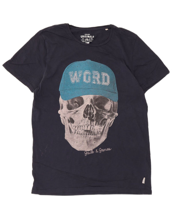 Jack & Jones Mens Graphic T-Shirt Top Large Navy Blue Cotton