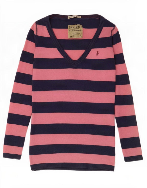 Maglione maglione con scollo a V da donna Jack Wills UK 10 Lana d'agnello a righe piccole rosa