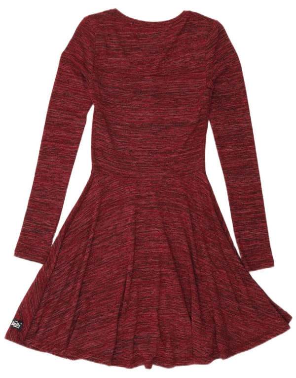 Abito a trapezio da donna a maniche lunghe Superdry UK 4 XS viscosa screziata bordeaux