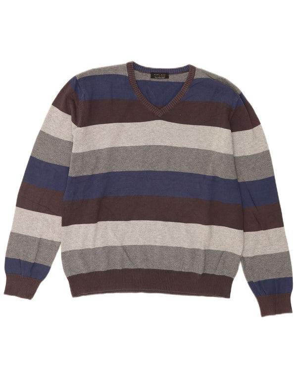 Maglione Zara da uomo con scollo a V, cotone a righe grandi multicolori