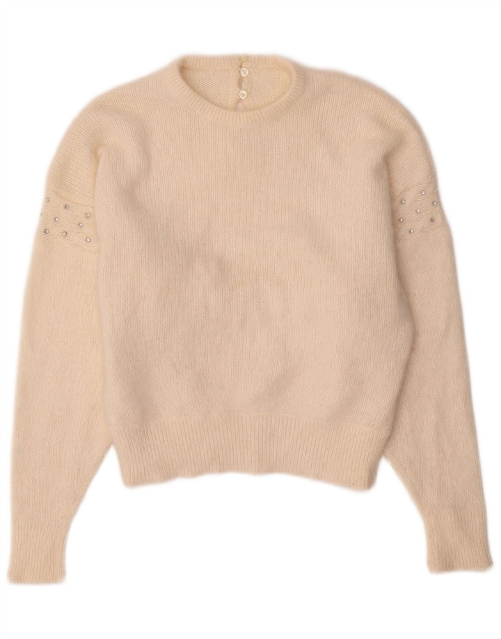 Maglione maglione girocollo da donna VINTAGE UK 14 medio bianco sporco