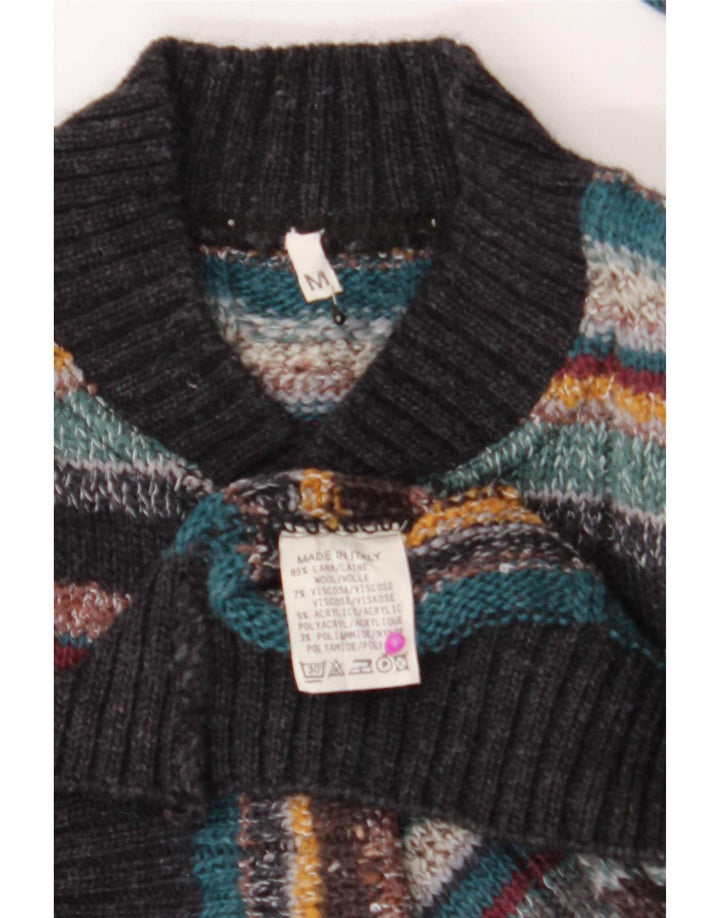 Maglione vintage da uomo con bottoni e collo in lana a righe multicolori medie