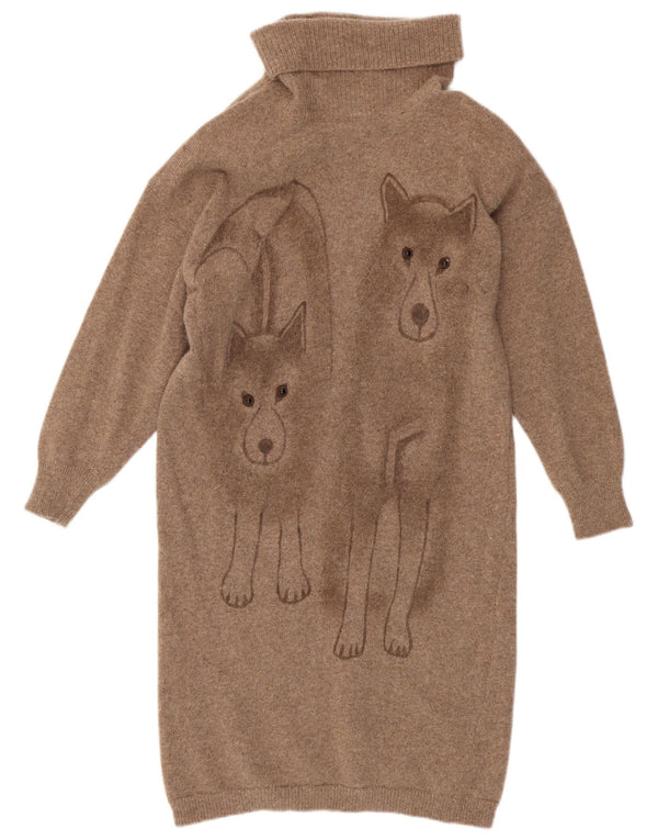 Abito maglione a maniche lunghe da donna vintage UK 10 piccola stampa animalier marrone