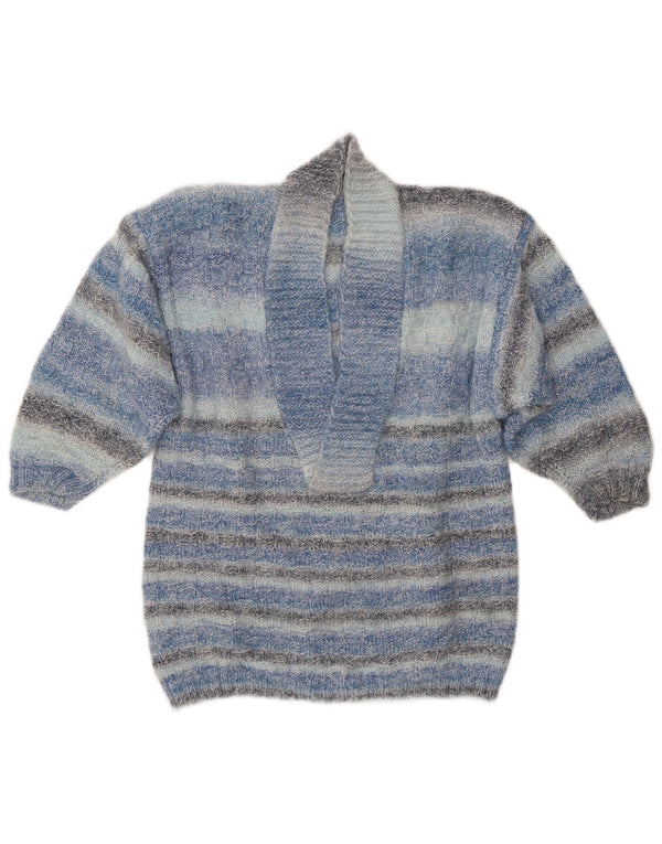 Maglione da donna VINTAGE con collo a scialle UK 14 a righe blu medio