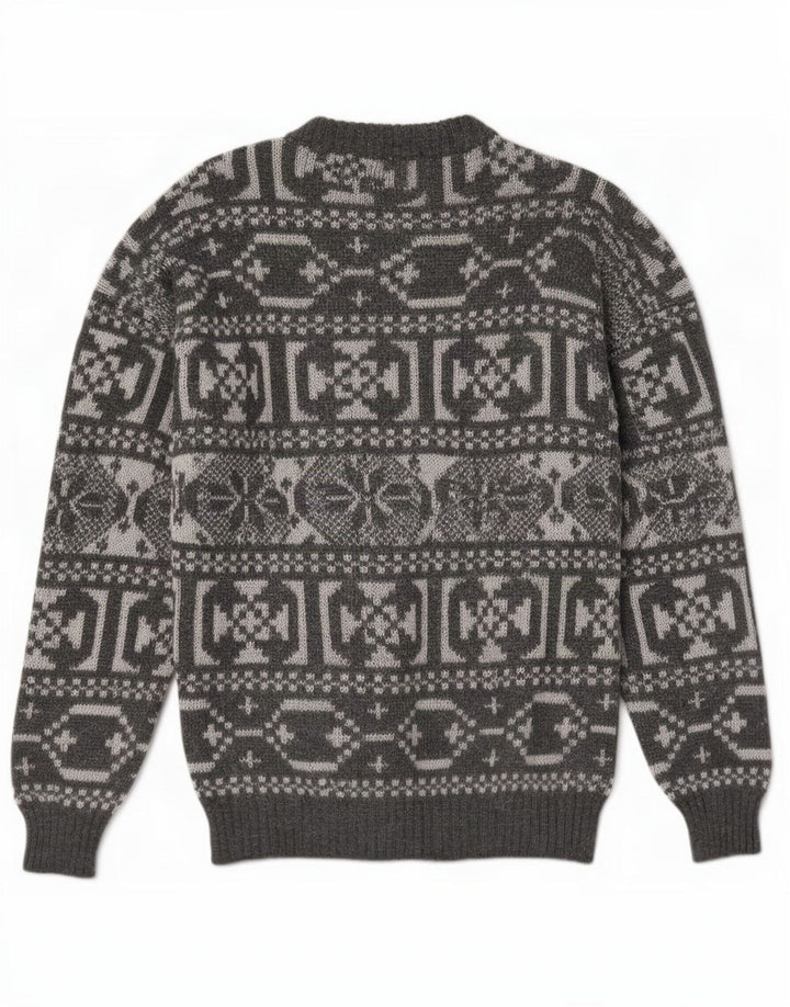 Maglione girocollo da uomo vintage in lana geometrica grigio medio