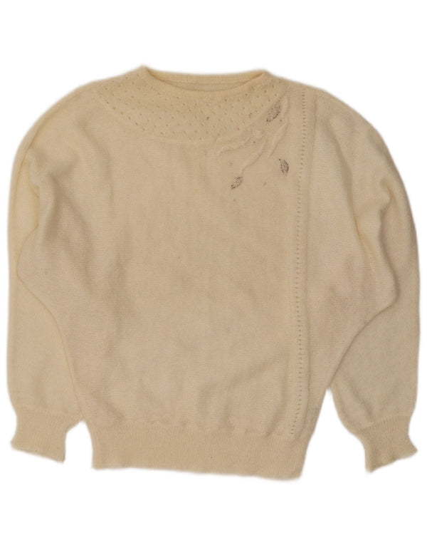 Maglione maglione vintage da donna con scollo a barca UK 14 grande mohair bianco sporco