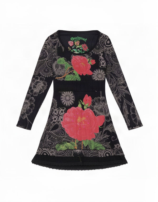 Desigual Abito da donna a maniche lunghe con grafica grafica UK 14 Grande floreale nero