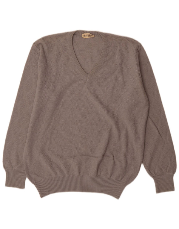 Maglione vintage da uomo con scollo a V IT 54 XL Lana grigia a rombi/diamante