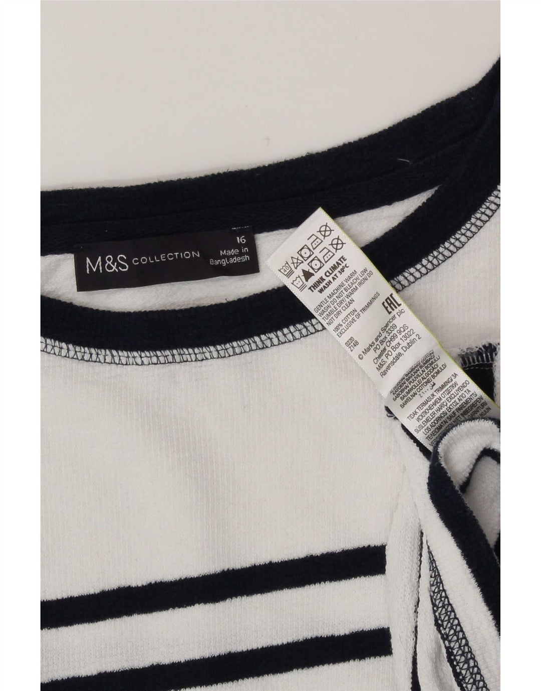 Marks & Spencer Top da donna a maniche lunghe UK 16 Large White Striped Cotton