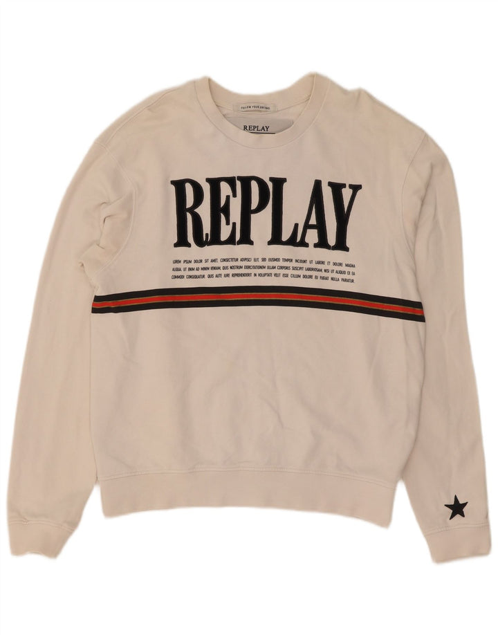 Felpa grafica da donna Replay Maglione UK 14 Cotone bianco medio