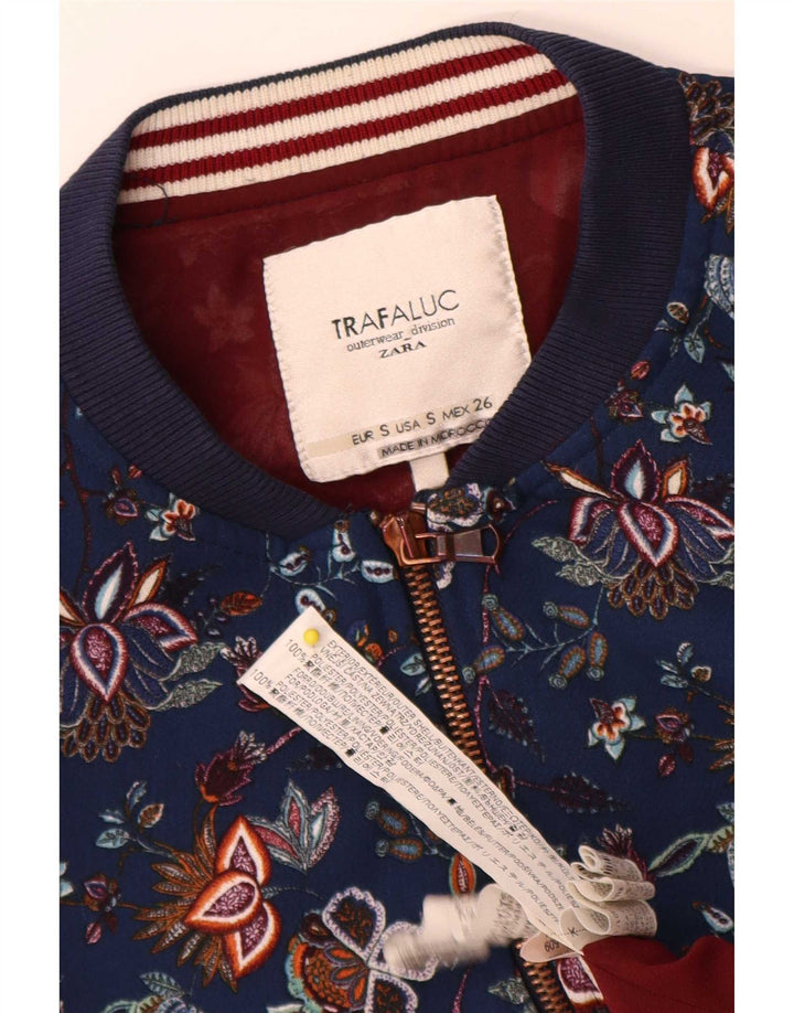 Giubbotto bomber Trafaluc da donna Zara UK 10 piccolo poliestere floreale blu navy