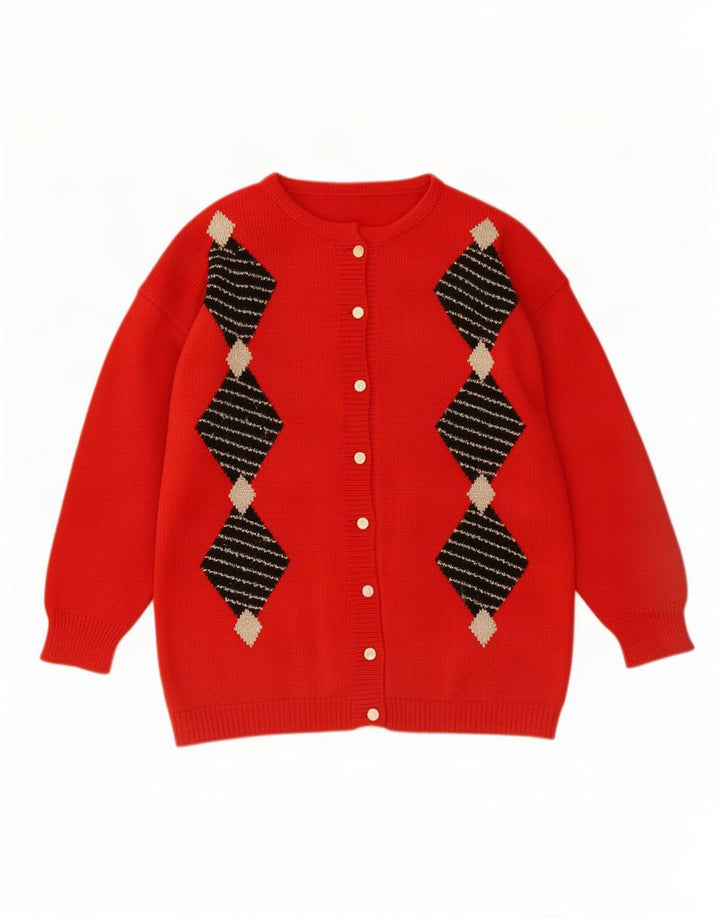 Maglione cardigan da donna vintage UK 16 grande rosso argyle/diamante