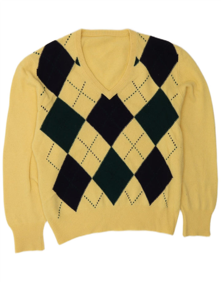 VINTAGE Maglione da uomo con scollo a V grande giallo a rombi/diamante