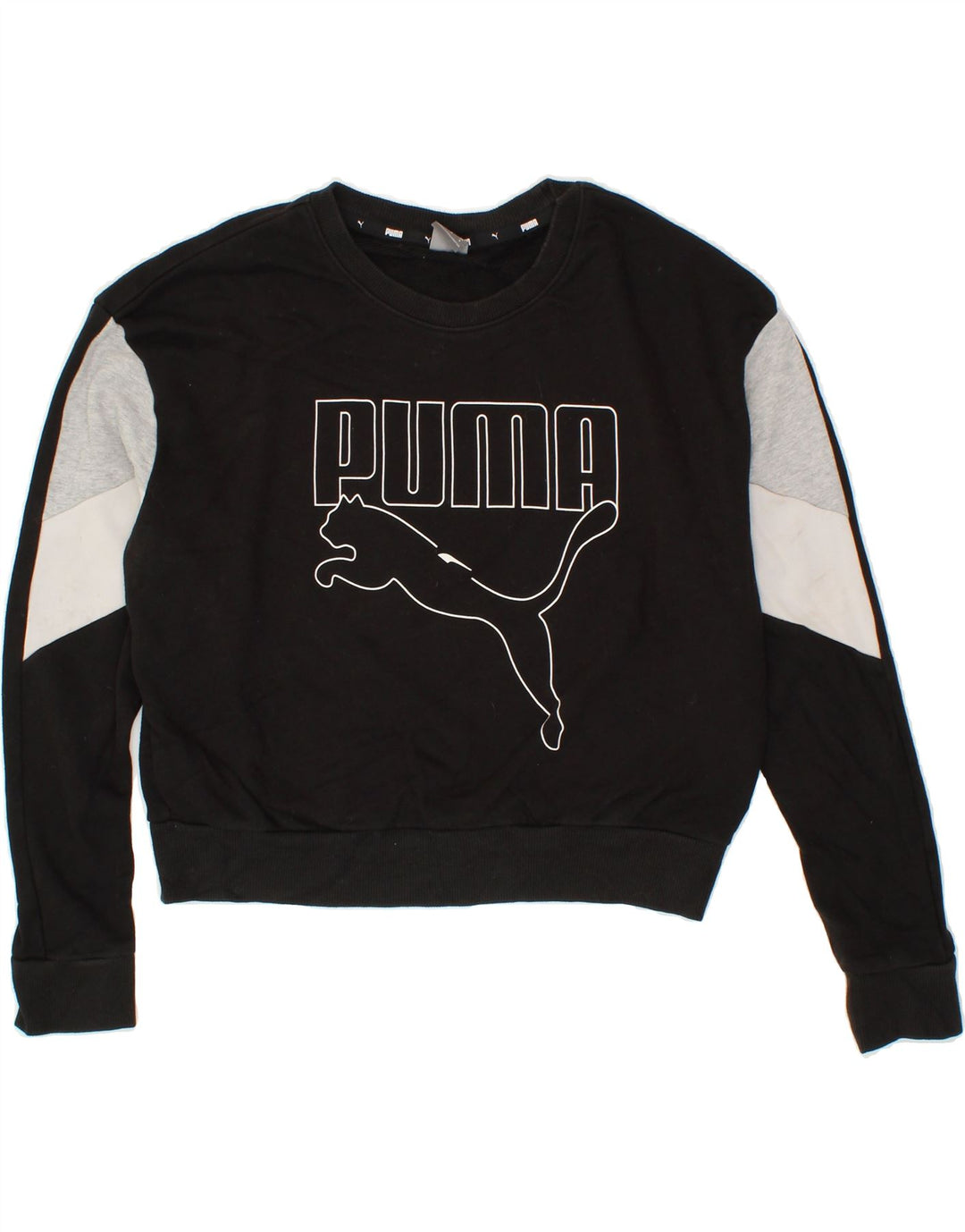 PUMA Womens Oversized Crop Sweatshirt Jumper UK 10 Small Black Colourblock Vintage Puma and Second-Hand Puma from Messina Hembry 