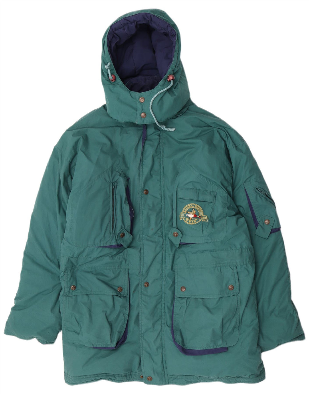 Giacca parka con cappuccio da uomo vintage UK 40 grande poliestere verde