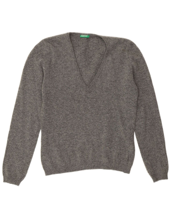 Maglione da donna con scollo a V Benetton UK 12 Lana grigio medio