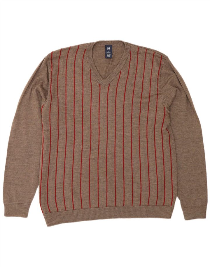 Maglione Gap da uomo con scollo a V, lana merino a righe grigie grandi