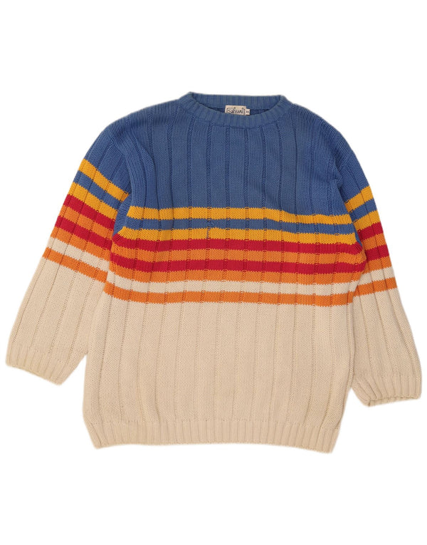 Maglione vintage da uomo con scollo a barca XL in cotone a righe multicolore