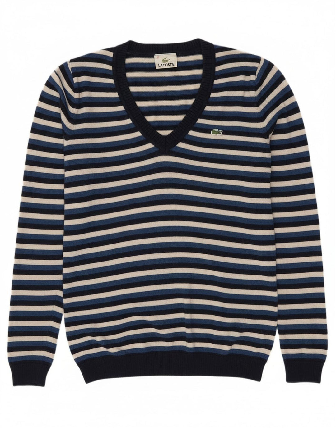 Maglione da donna con scollo a V Lacoste taglia 38 medio in lana a righe blu navy