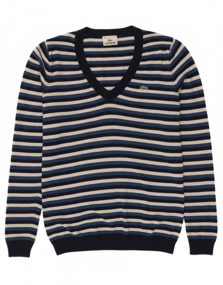 Maglione da donna con scollo a V Lacoste taglia 38 medio in lana a righe blu navy