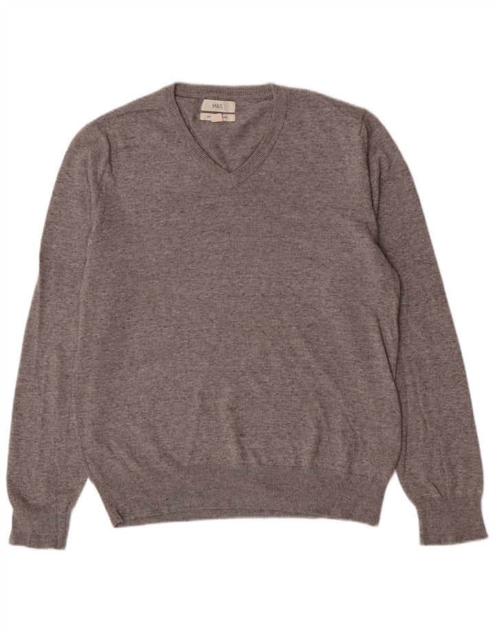 Maglione da uomo con scollo a V Marks & Spencer in cotone screziato grigio medio