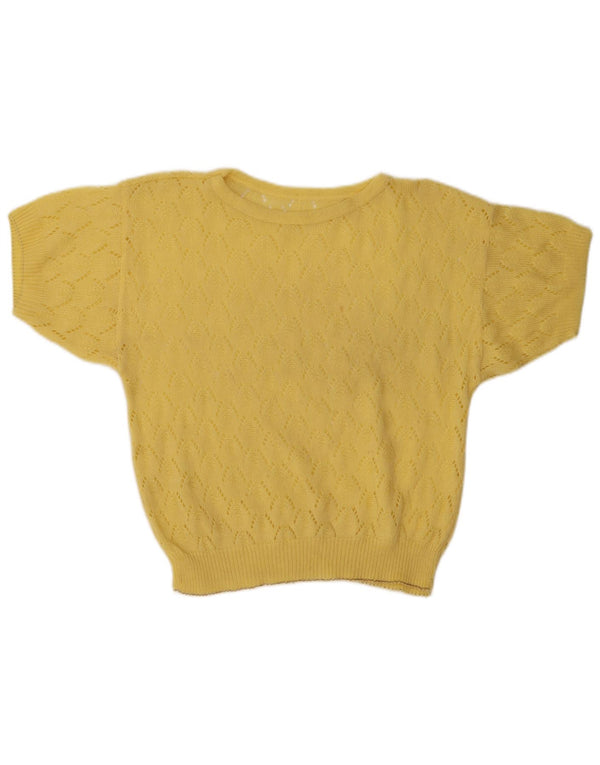 Maglione maglione girocollo trasparente da donna vintage UK 14 giallo medio