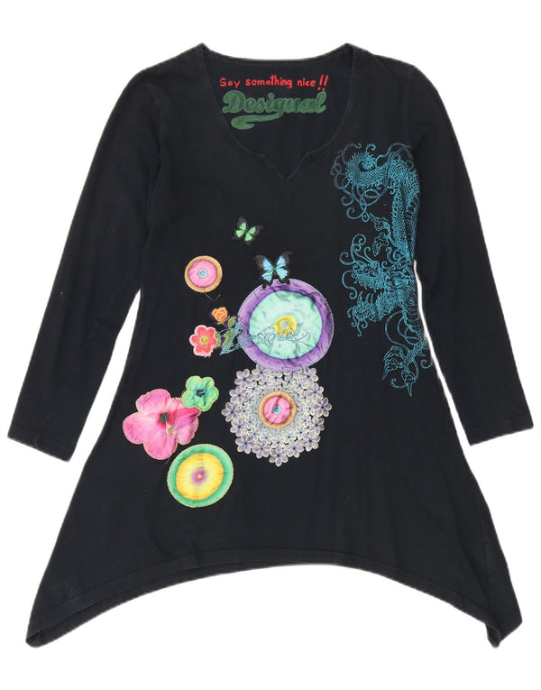 Desigual donna tunica asimmetrica grafica Top UK 10 piccolo nero floreale