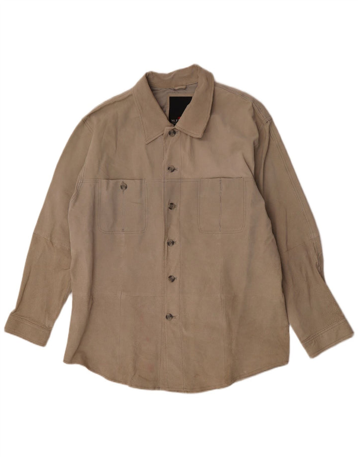 M. Flues Camicia da uomo in pelle scamosciata Camicia grande in pelle beige