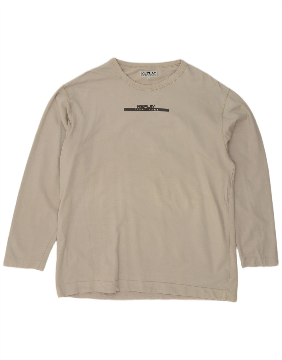 REPLAY Mens Graphic Top Long Sleeve Large Beige Cotton