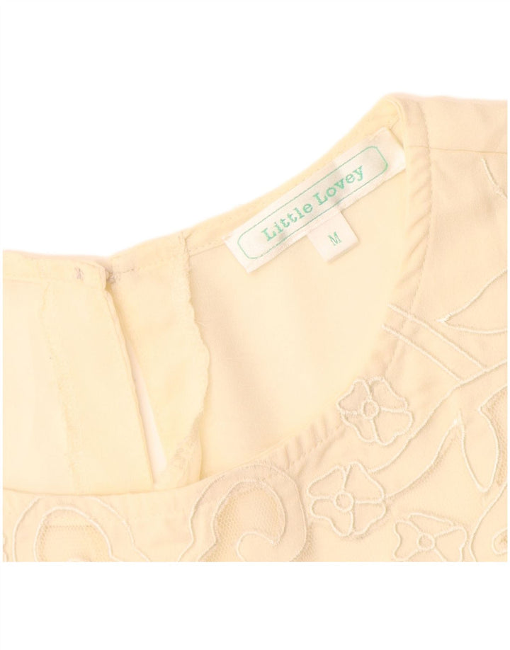 Top camicetta da donna vintage UK 12 Poliestere floreale beige medio