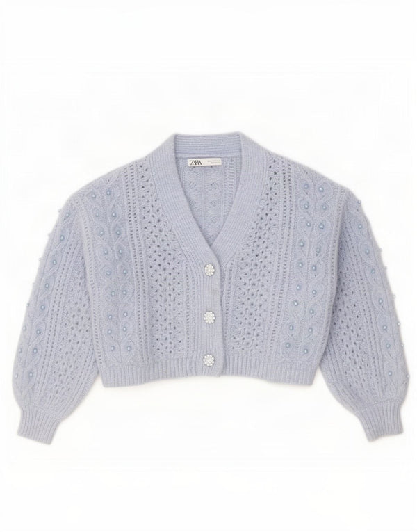 Maglione cardigan oversize corto da donna Zara UK 10 piccolo blu screziato