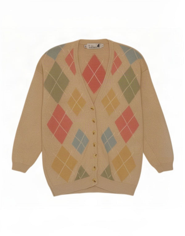 Tulchan Womens Cardigan Sweater UK 14 Medium Beige Argyle/Diamond Cotton