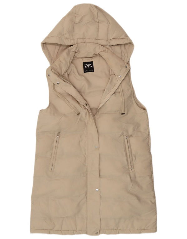 Gilet imbottito con cappuccio lungo da donna Zara UK 14 Poliestere beige medio