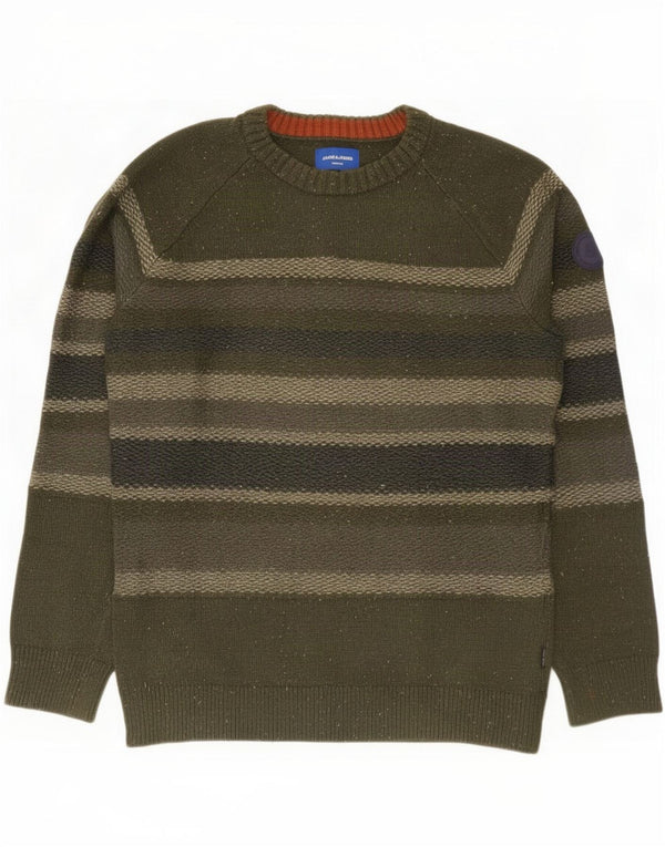 Maglione maglione girocollo da uomo Jack & Jones, cotone a righe grandi color kaki