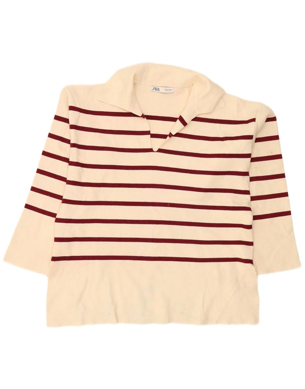 Polo oversize a maniche lunghe da donna Zara UK 14 medio a righe bianco sporco