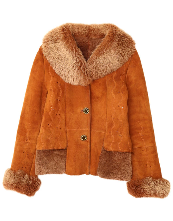 Giacca in shearling vintage da donna UK 12 in pelle marrone medio