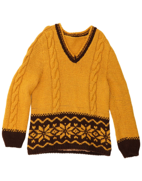 Maglione vintage da donna con scollo a V UK 14 Medio Giallo Fair Isle