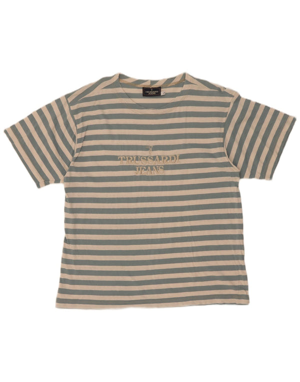 Trussardi Jeans T-shirt grafica da donna Top UK 16 Large in cotone a righe blu