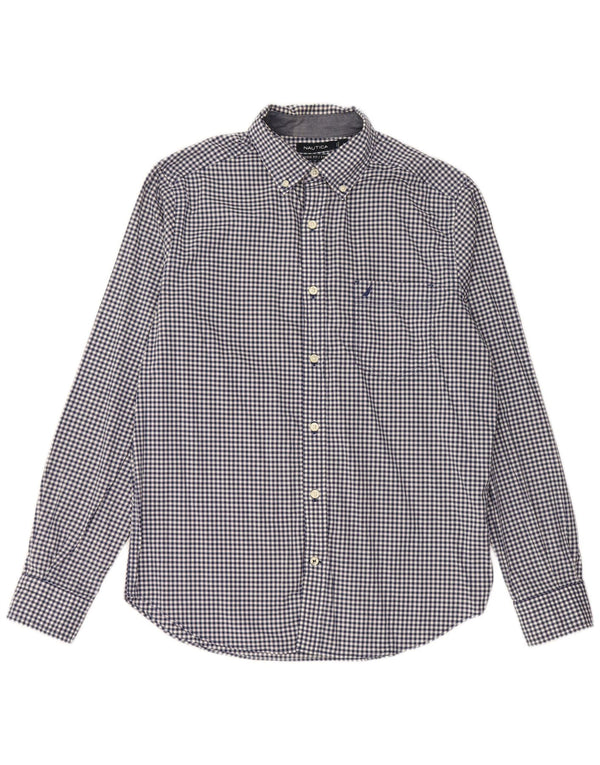 Nautica Mens Stretch Classic Fit Shirt Small Navy Blue Gingham Cotton