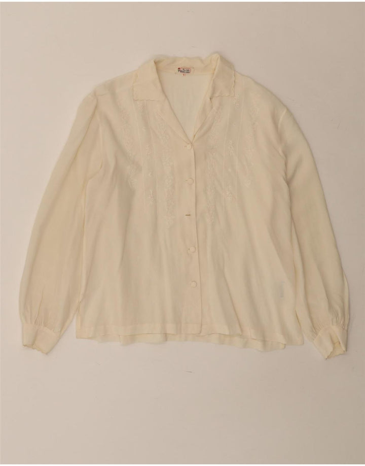 Camicetta camicia vintage da donna vestibilità ampia UK 10 piccola seta bianco sporco