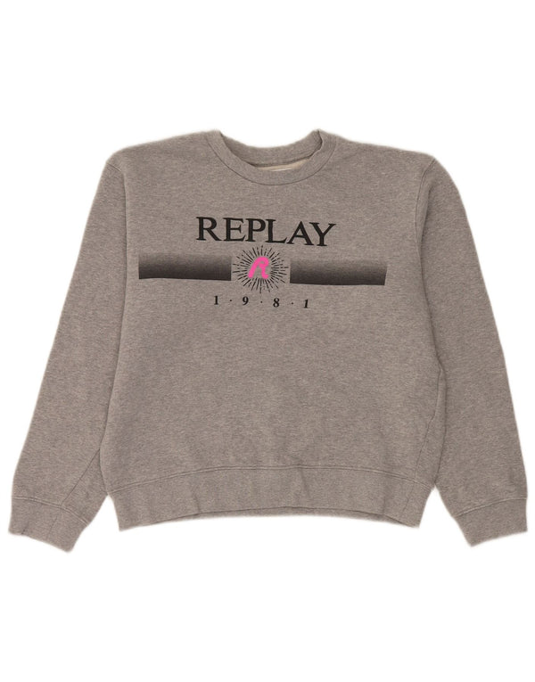 Felpa oversize con grafica da donna Replay, maglione UK 10, piccolo cotone grigio