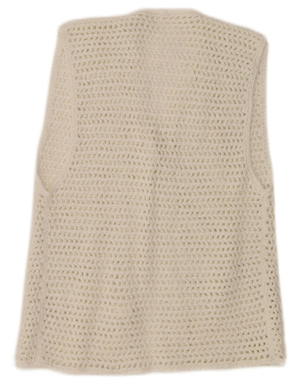 Maglione cardigan all'uncinetto da donna vintage UK 10 piccolo bianco sporco