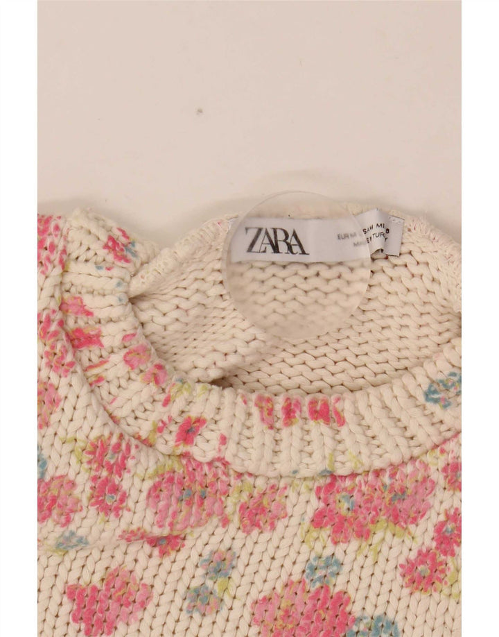 Canotta corta da donna Zara UK 12 Poliestere floreale bianco medio
