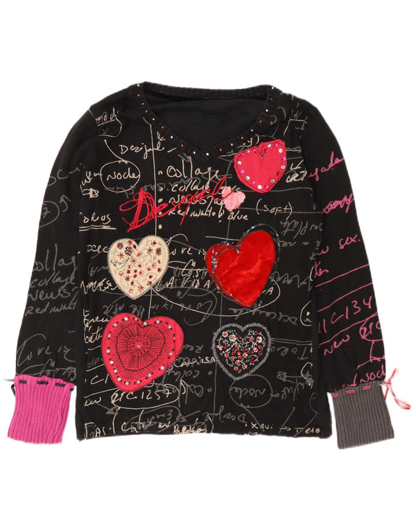 Desigual Donna Graphic Top Manica Lunga UK 18 XL Nero Cotone Cuore