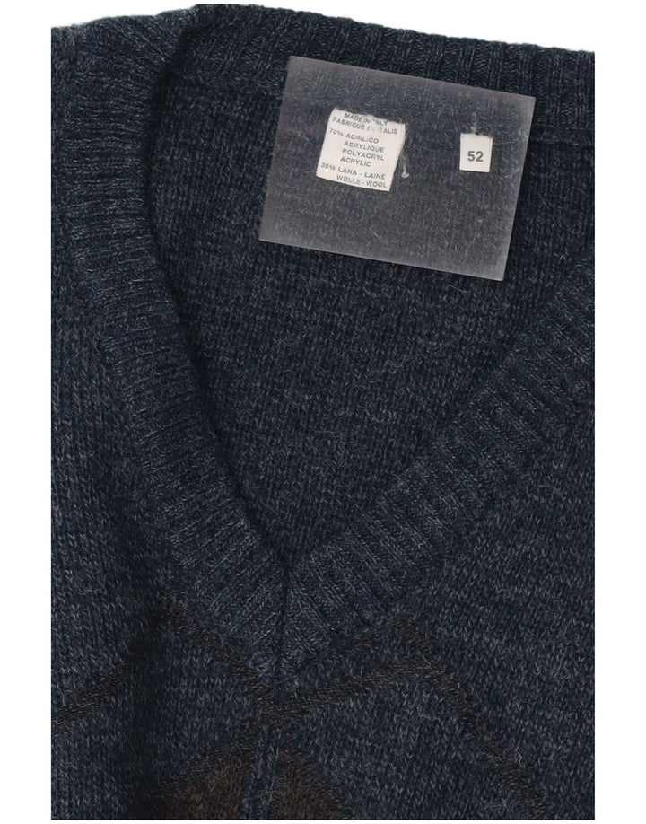 Maglione da uomo con scollo a V VINTAGE IT 52 Grande blu navy geometrico