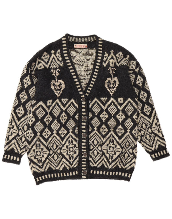 Maglione cardigan da donna vintage UK 16 grande Fair Isle nero