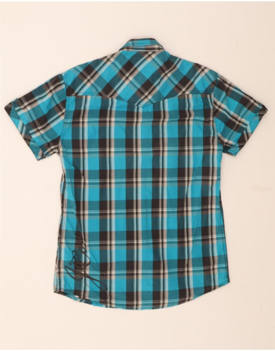 JACK & JONES Mens Graphic Short Sleeve Shirt Medium Blue Check Cotton Vintage Jack & Jones and Second-Hand Jack & Jones from Messina Hembry 